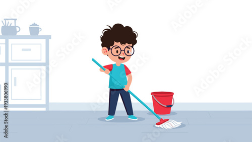 Young boy with curly hair and glasses mops the floor in a tidy room with a red bucket of water and a white cupboard in the back.