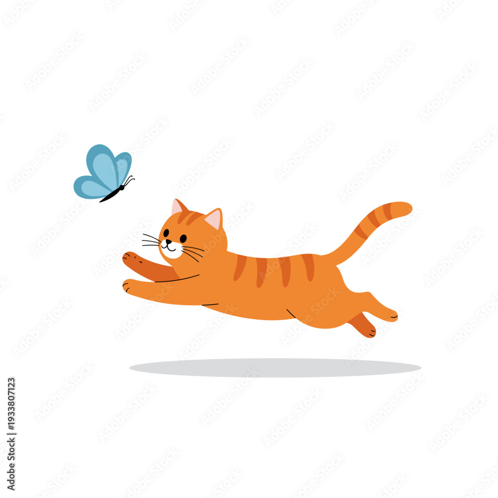 Fototapeta premium Playful Orange Cat Chasing a Blue Butterfly.