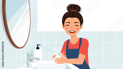Happy young woman with a bun hairstyle washes her hands with soap at a white sink in a clean bathroom setting.