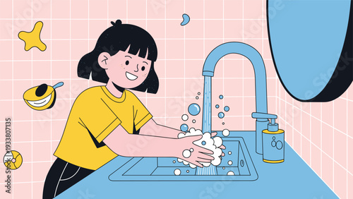 Young girl in a yellow shirt washes her hands with plenty of soap bubbles under a blue faucet in a stylized bathroom.