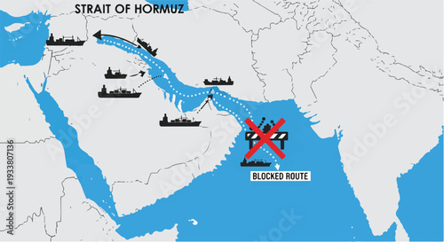 Map illustrating the strategic shipping routes through the Strait of Hormuz, highlighting a blocked maritime passage and the geopolitical importance of the region for global trade.