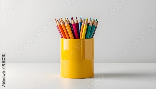A vibrant yellow cup filled with colorful pencils on a clean white desk in a minimalist workspace
