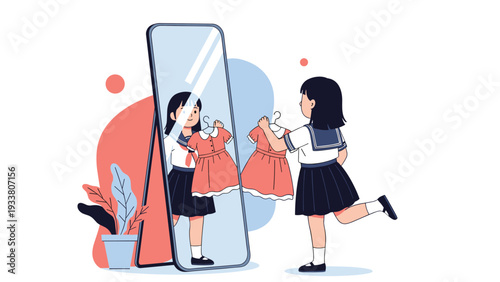 Little girl in a sailor-style school uniform looks in a large mirror while holding up a red dress to choose her outfit.