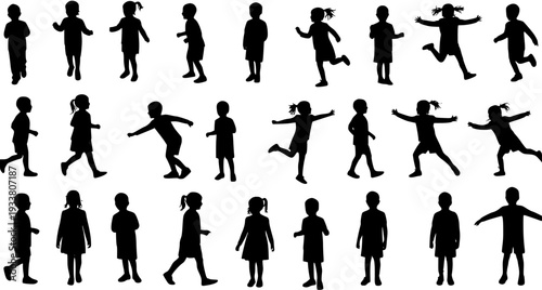 Silhouettes of Children in Various Poses, Kids Playing and Standing