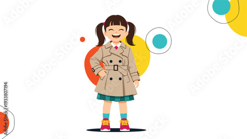 Little girl with pigtails smiles happily while wearing a stylish tan trench coat over a green pleated skirt for school.