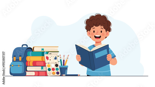 Young curly-haired boy reads an open blue book with a smile, standing next to a stack of books and art supplies.