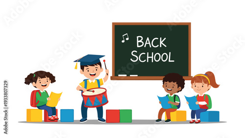 Diverse group of children enjoys a music lesson in a classroom with a boy playing a drum and others reading music.