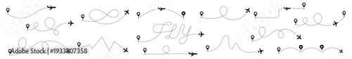 Airplane route vector set dotted flight path. vector illustration