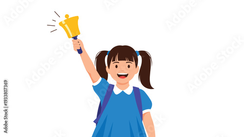 Happy schoolgirl with pigtails rings a large golden hand bell to announce the start of classes on a white background.