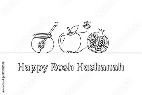 Minimalist one line drawing for Jewish New Year. Composition featuring traditional holiday symbols: a honey pot with dipper, sweet apple, pomegranate fruit, and a flying bee.
