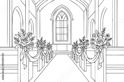 A detailed black ink drawing of a cathedral aisle. Composition featuring pews with rose bouquets, ribbons, gothic windows, and altar for a romantic marriage ceremony.