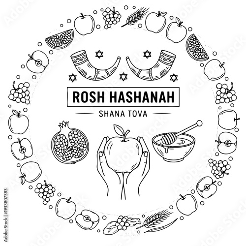 Jewish New Year celebration circular frame. Composition featuring hands holding apple, honey bowl, pomegranates, grapes, wheat, and shofar horns for Shana Tova greeting.