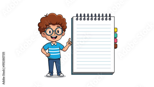 Cheerful boy with curly hair and glasses points towards a large spiral notebook with colorful index tabs on white.