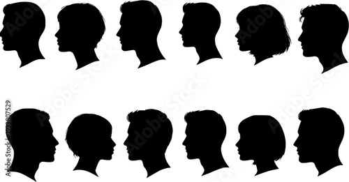 Silhouettes of Heads: Diverse Profiles of Men and Women in Black