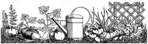 Detailed black ink drawing of a garden bed. Composition featuring pumpkins, tomatoes, garden greens, a classic watering can, and a wooden lattice fence in engraving style.