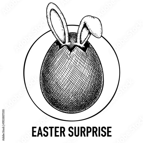 A detailed black ink drawing in engraving style. Festive composition featuring a textured egg shell with rabbit ears poking out, isolated in a circle frame for holiday decor.