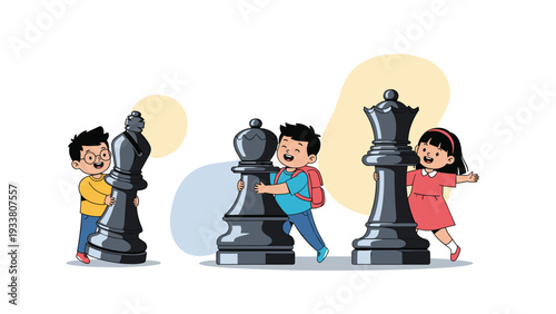Three cheerful children play and interact with giant black chess pieces, including a bishop, queen, and king in a row.