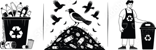 Black and white recycling concept illustration with plastic waste, overflowing recycle bin, birds on garbage pile and volunteer sorting trash for environmental awareness