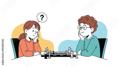 Boy and girl sit across from each other at a table, deeply focused on a challenging game of chess with various pieces.