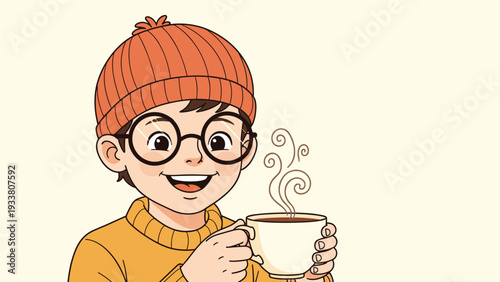 Happy young boy wearing an orange beanie and sweater holds a steaming cup of tea or cocoa with a warm smile for winter.