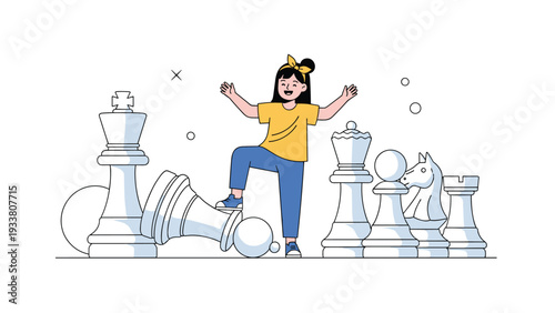 Joyful young girl stands triumphantly over a fallen giant chess king piece with her arms raised in victory for kids.