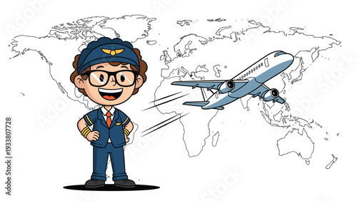 Young boy in a pilot uniform and cap smiles proudly in front of a world map and a flying airplane in a colorful scene.