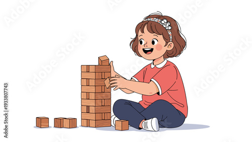 Little girl with a floral headband smiles as she carefully adds a wooden block to a tall tower on the floor for play.