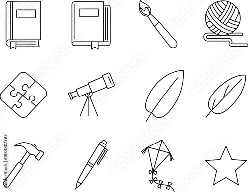 Simple line art icons representing various hobbies and creative activities for leisure time.