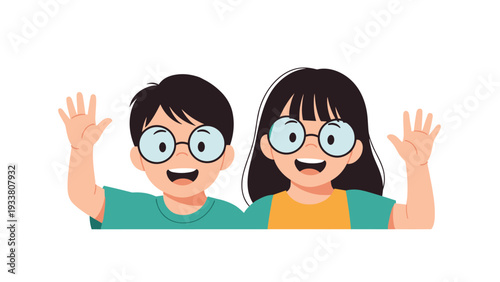 Two happy young children wearing matching green shirts and large glasses wave their hands with big friendly smiles.