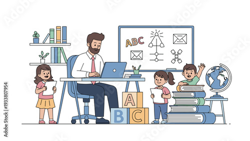 Male teacher works at a laptop computer while three young students participate in activities within a classroom.