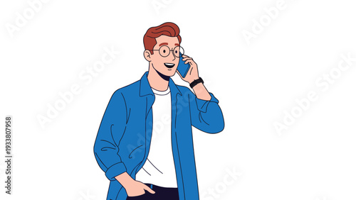 Confident young man with red hair and spectacles talks happily on his blue smartphone against a white background.