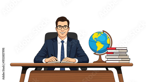 Educated man in a dark suit sits at a wooden desk with books and a globe while writing in his personal journal.