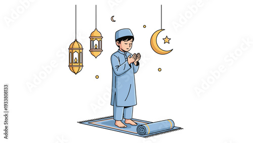 Dedicated Muslim boy stands on a prayer mat while praying in front of hanging lanterns and a crescent moon.