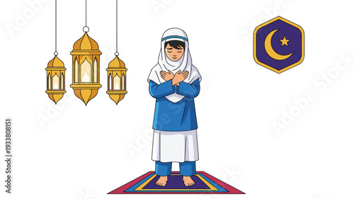 Young Muslim girl in a blue dress and white hijab stands on a colorful prayer rug with her hands on her chest.