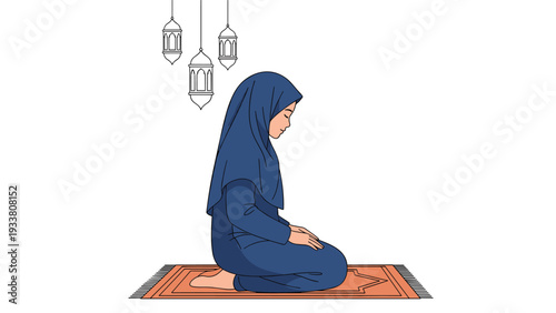 Faithful Muslim woman wearing a blue hijab kneels on a prayer rug for worship under hanging lanterns at night.