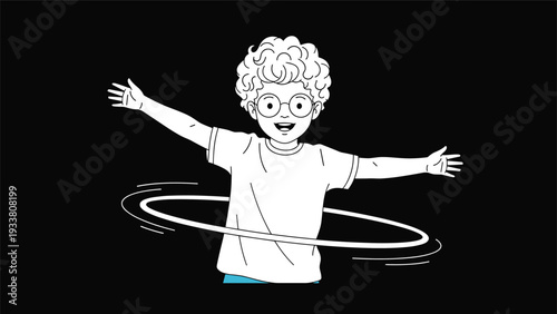 Line art illustration of a young boy with curly hair and glasses playing with a hula hoop on a black background.