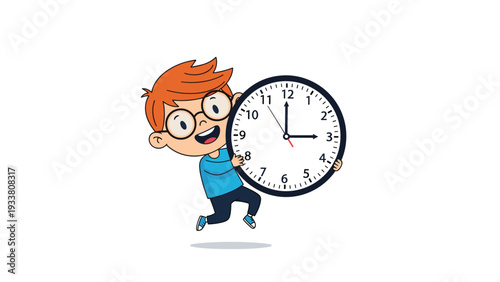 Happy young boy with red hair and glasses runs while holding onto a large round wall clock against the white background.