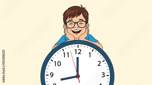 Smiling boy wearing glasses leans his chin on his hands over a giant wall clock on a warm yellow background.