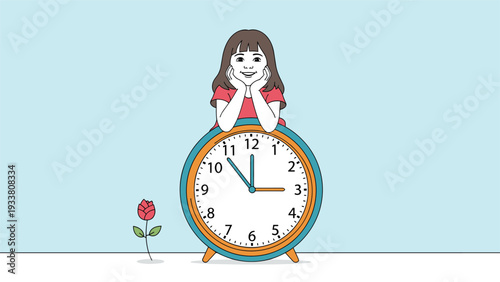 Sweet young girl rests her chin on a large blue alarm clock with a single red rose standing beside it.