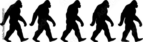 Five black Bigfoot silhouettes walking in a row, isolated on a white background, representing cryptid mystery and wilderness folklore.
