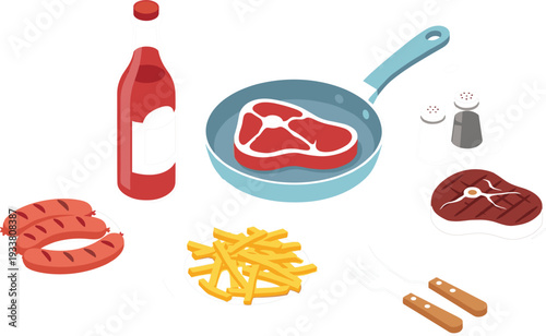 Grilled steak and barbecue ingredients set with frying pan sausages fries and sauce flat vector illustration