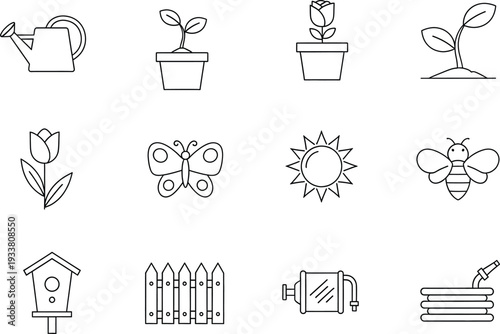 Collection of garden and nature line icons featuring plants, insects, and gardening tools