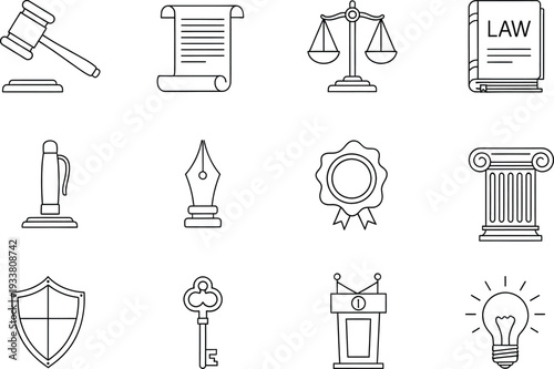 Collection of minimalist law and justice line icons for legal services and court systems