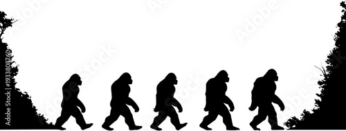 Five Bigfoot (Sasquatch) silhouettes walking in a row, resembling human evolution, against a minimalist forest backdrop in black and white.