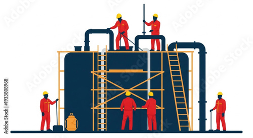 Construction workers assembling large industrial storage tank structure.