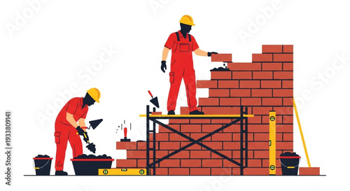Construction workers building a brick wall on scaffolding.