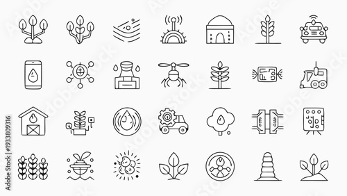 28 Regenerative Agri-Tech and Smart Farming Line Art Icons with Copy Space.