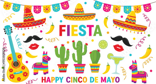 Happy Cinco de Mayo Fiesta Elements with Sombreros, Piñatas, Guitar, Cactus, Maracas, Chili Peppers, and Colorful Party Banners