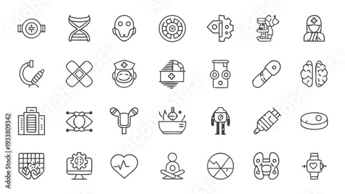 28 Future Healthcare and AI Medical Diagnosis Line Art Icons with Copy Space.
