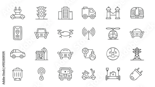  24 Smart City Mobility and Electric Transport Line Art Icons with Copy Space.